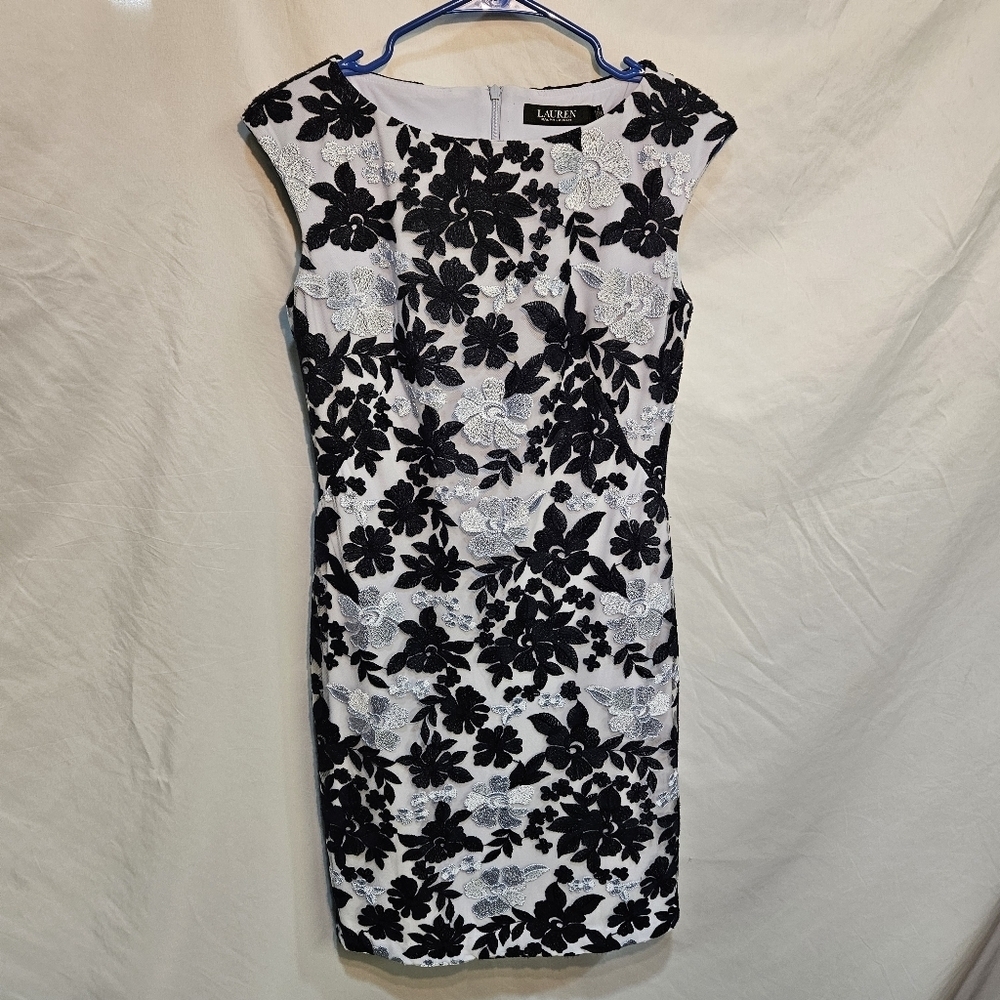 Lauren Ralph Whisper Shimmer Light Blue Navy Dress Floral Lace Embroidered sz 2